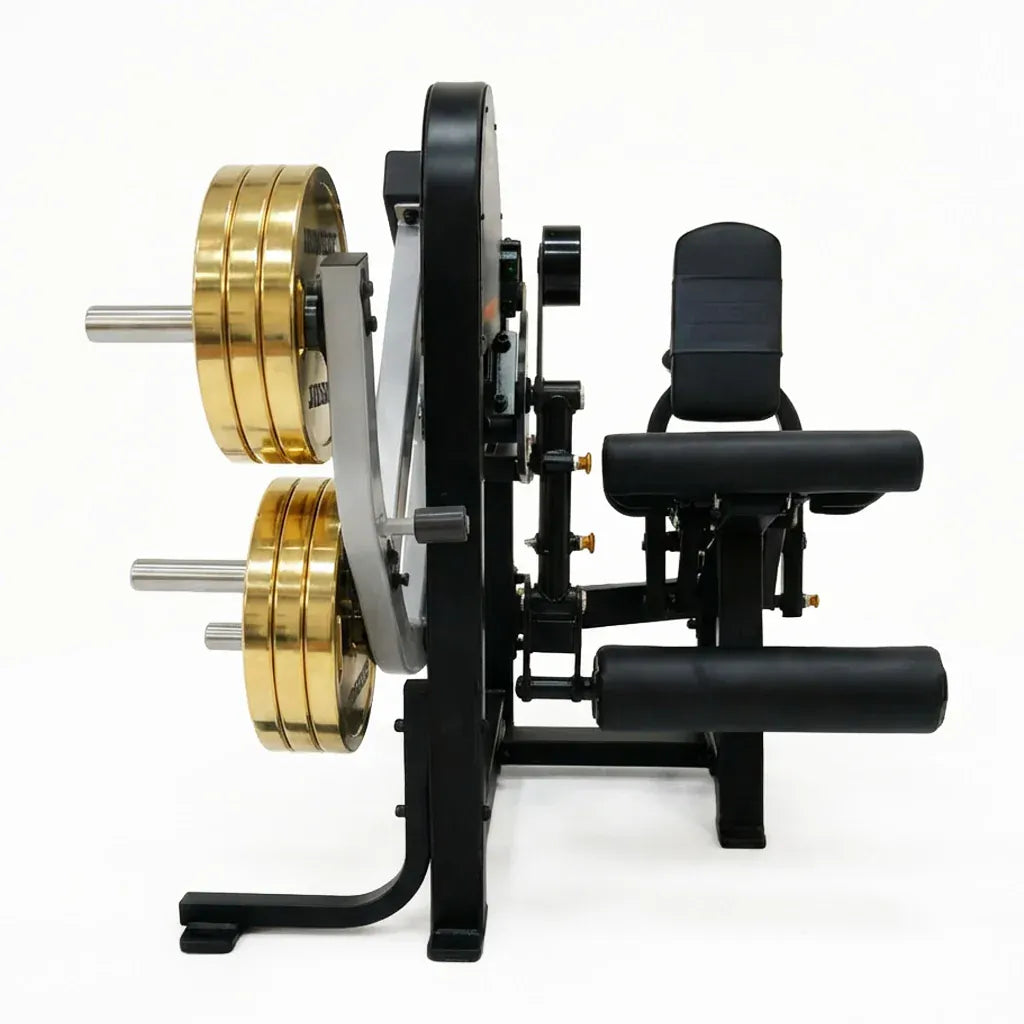 Máquina dual comercial para extensión y curl femoral con ajustes multipunto, transición rápida y carga de 150kg, ideal para entrenamientos avanzados en gimnasio