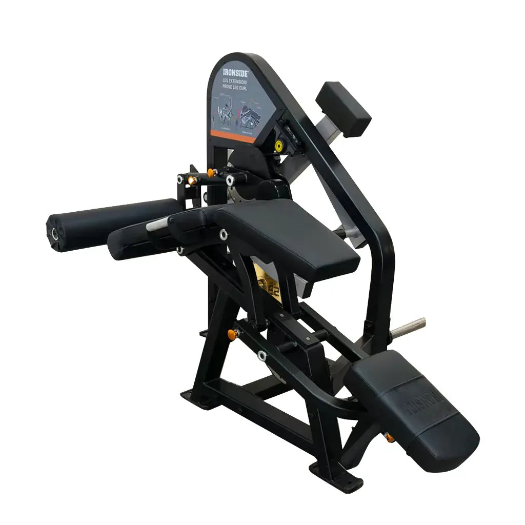 Máquina dual comercial para extensión y curl femoral con ajustes multipunto, transición rápida y carga de 150kg, ideal para entrenamientos avanzados en gimnasio