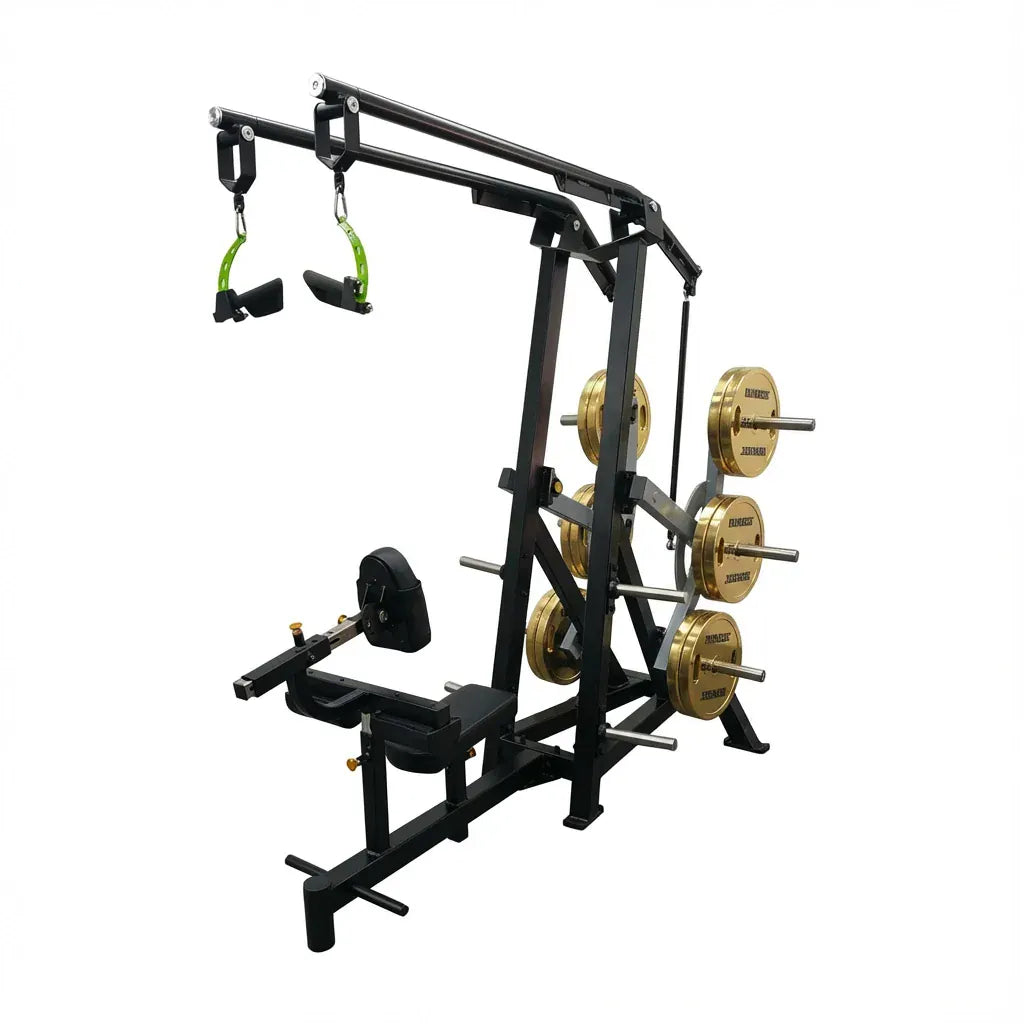 Máquina Iso Lateral Front Lat Pull Down plate loaded con Torque Arm, tracción unilateral estable y ajustes multipunto para dorsal en gimnasios profesionales.