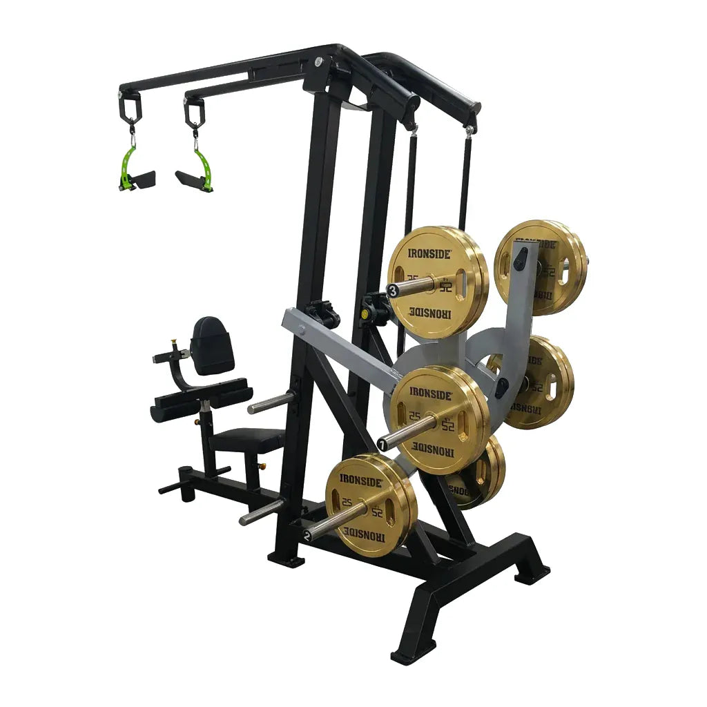 Máquina Iso Lateral Front Lat Pull Down plate loaded con Torque Arm, tracción unilateral estable y ajustes multipunto para dorsal en gimnasios profesionales.