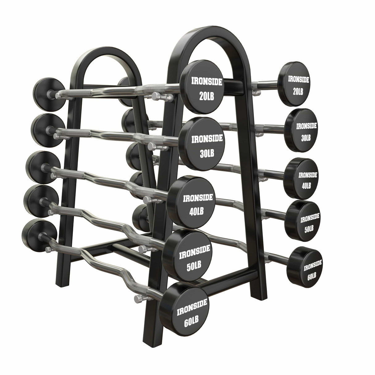 Set 10 Barras EZ Peso Fijo CPU (20 a 60lb) + Rack de Almacenamiento IRONSIDE