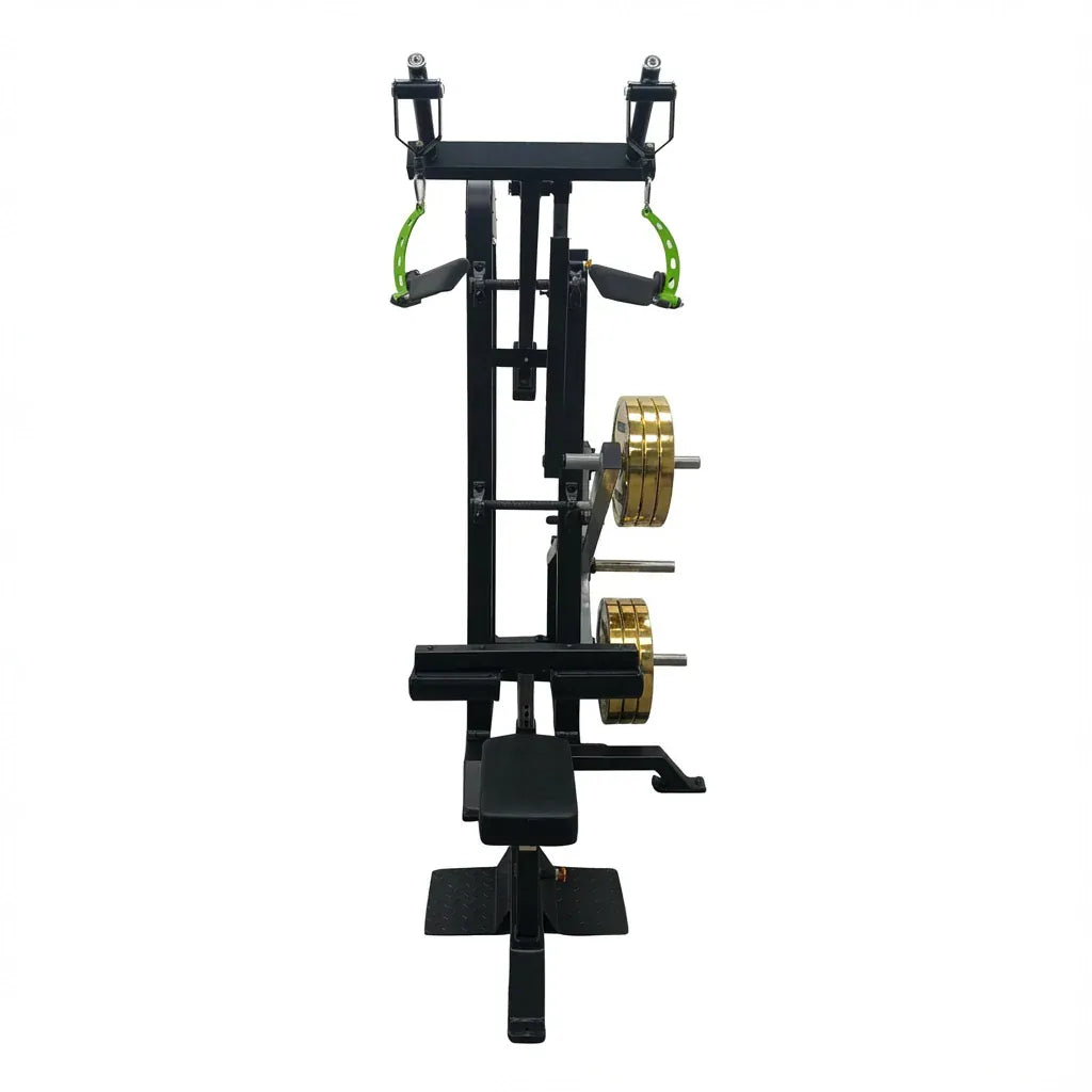 Lat Pulldown plate loaded profesional con manillas rotatorias, brazos ajustables y alta estabilidad para tracción vertical precisa en uso comercial intensivo.