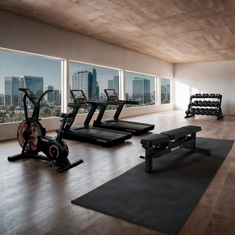Gimnasio de hotel con vista a la ciudad, equipado con bicicleta air bike, dos caminadoras, banco de entrenamiento y rack de mancuernas IRONSIDE