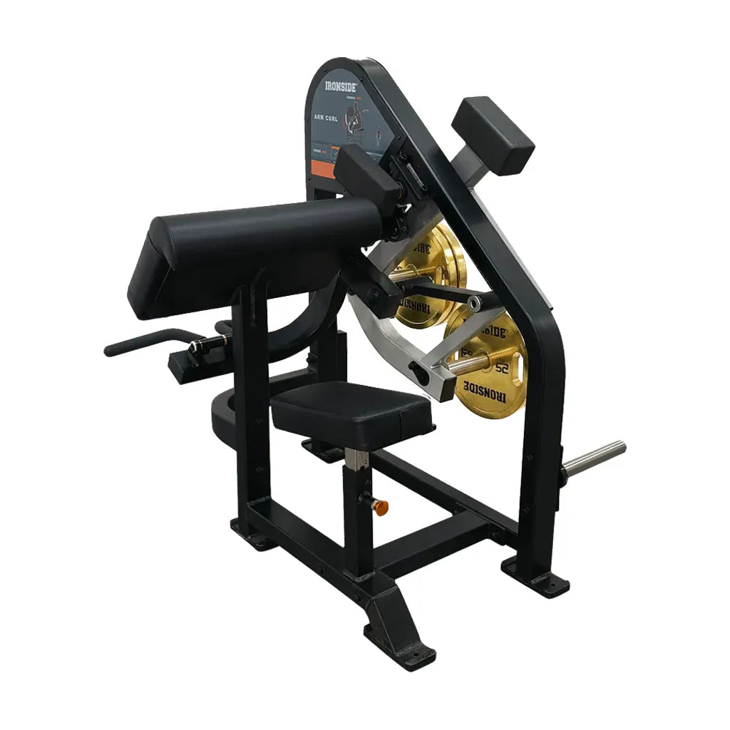 Máquina de curl profesional con ajustes precisos, resistencia modulable y alineación perfecta del brazo para entrenamientos de bíceps seguros y de alto rendimiento.