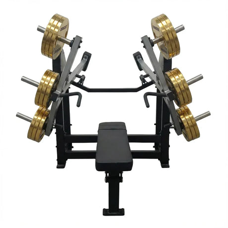 Chest Press plate loaded con ajustes de respaldo, doble agarre y brazos independientes para un empuje estable, progresivo y adaptable en gimnasios de alto uso.