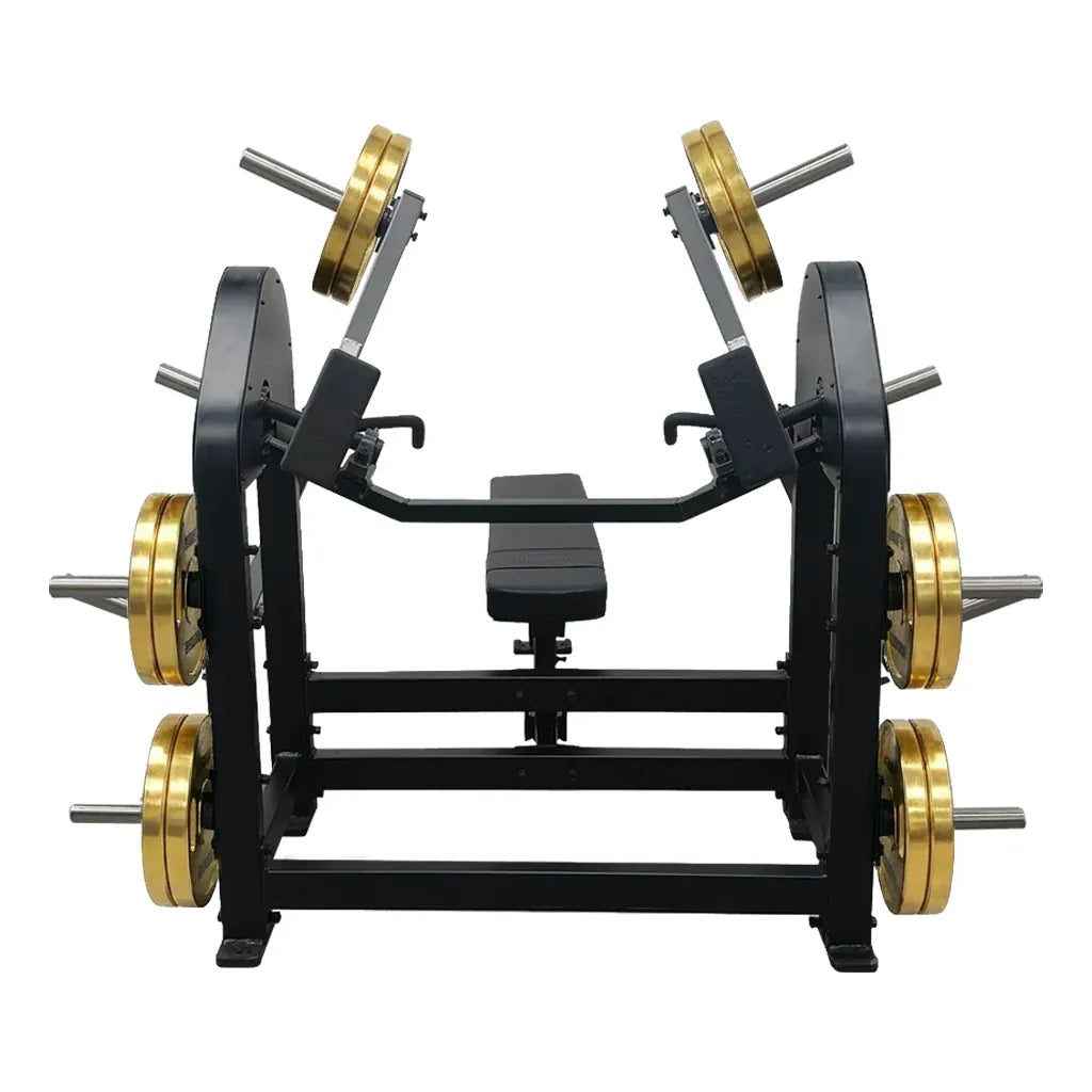 Chest Press plate loaded con ajustes de respaldo, doble agarre y brazos independientes para un empuje estable, progresivo y adaptable en gimnasios de alto uso.