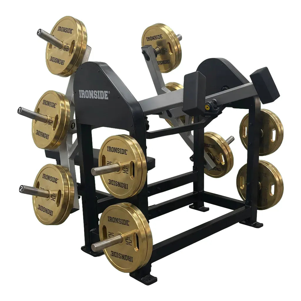 Chest Press plate loaded con ajustes de respaldo, doble agarre y brazos independientes para un empuje estable, progresivo y adaptable en gimnasios de alto uso.