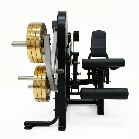 Máquina dual comercial para extensión y curl femoral con ajustes multipunto, transición rápida y carga de 150kg, ideal para entrenamientos avanzados en gimnasio