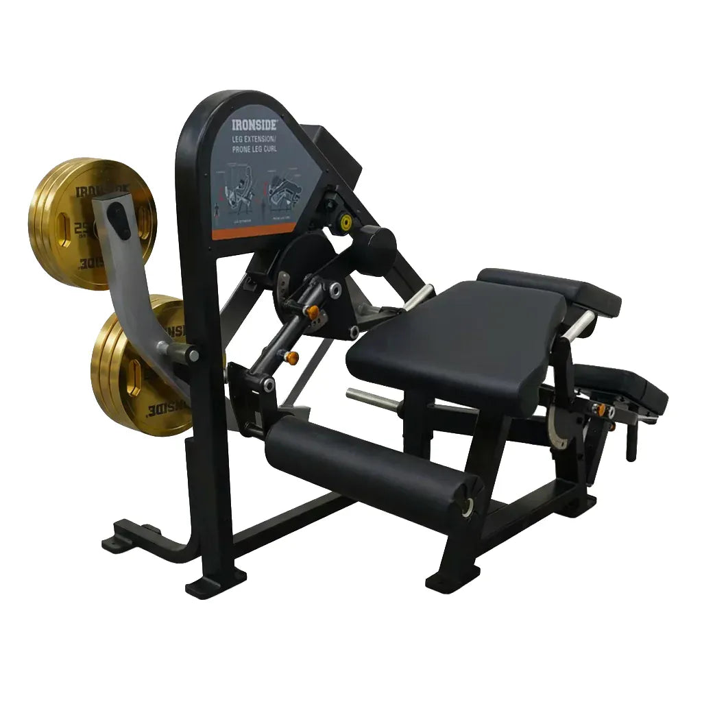 Máquina dual comercial para extensión y curl femoral con ajustes multipunto, transición rápida y carga de 150kg, ideal para entrenamientos avanzados en gimnasio