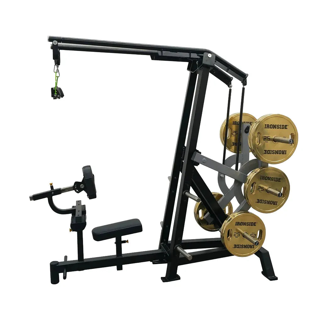 Máquina Iso Lateral Front Lat Pull Down plate loaded con Torque Arm, tracción unilateral estable y ajustes multipunto para dorsal en gimnasios profesionales.