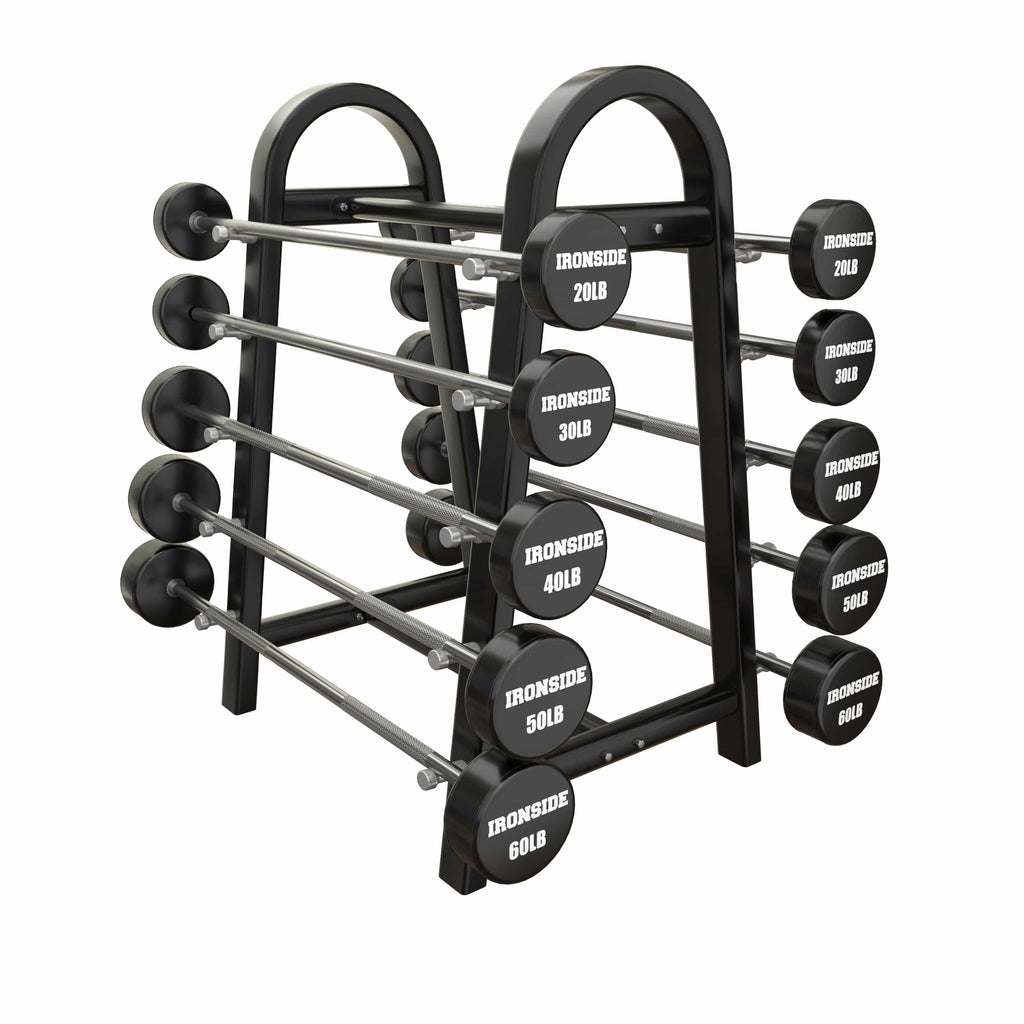 Pack IRONSIDE 10 Barras Peso Fijos PU (20 a 60lb) + Rack de Almacenamiento