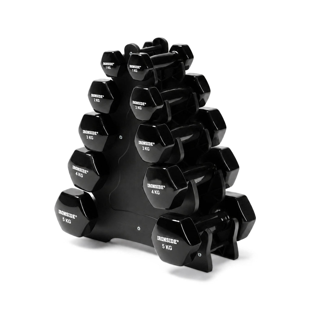 Pack IRONSIDE Rack de Almacenamiento + Set 30 kg Mancuernas de Vinilo (Par 1 a 5 kg)