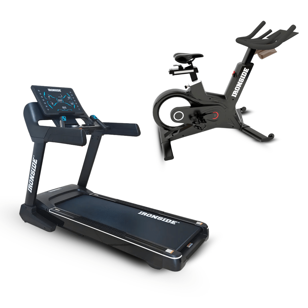 Pack IRONSIDE Bicicleta de Spinning Comercial + Caminadora Plegable LED Glam
