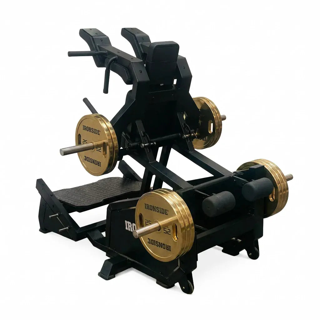 V-Squat comercial con activación superior de piernas y glúteos, trayectoria guiada, bajo impacto articular y estructura estable para entrenamientos intensivos.