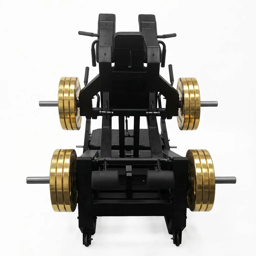 V-Squat comercial con activación superior de piernas y glúteos, trayectoria guiada, bajo impacto articular y estructura estable para entrenamientos intensivos.