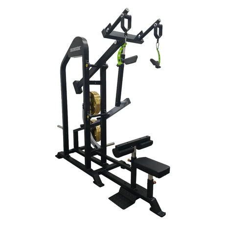 Lat Pulldown plate loaded profesional con manillas rotatorias, brazos ajustables y alta estabilidad para tracción vertical precisa en uso comercial intensivo.